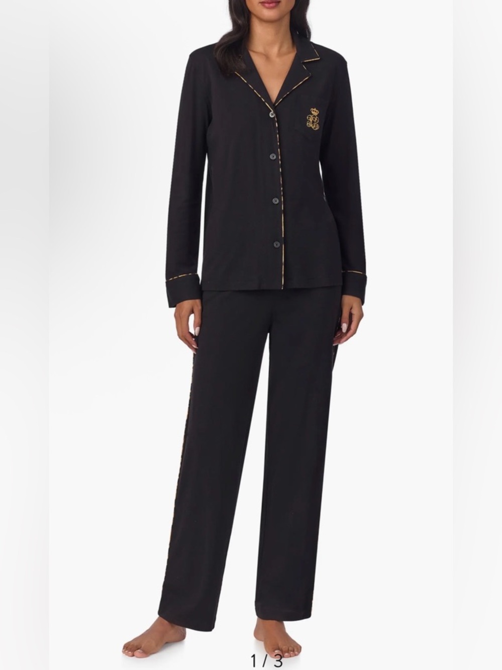Black Two-Piece Pajama Set with Gold Trim